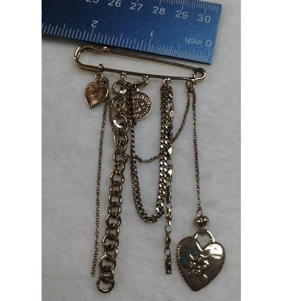 Gold Tone Safety Pin Brooch with Heart Coin‎ Charms and Multi-Chain Dangles